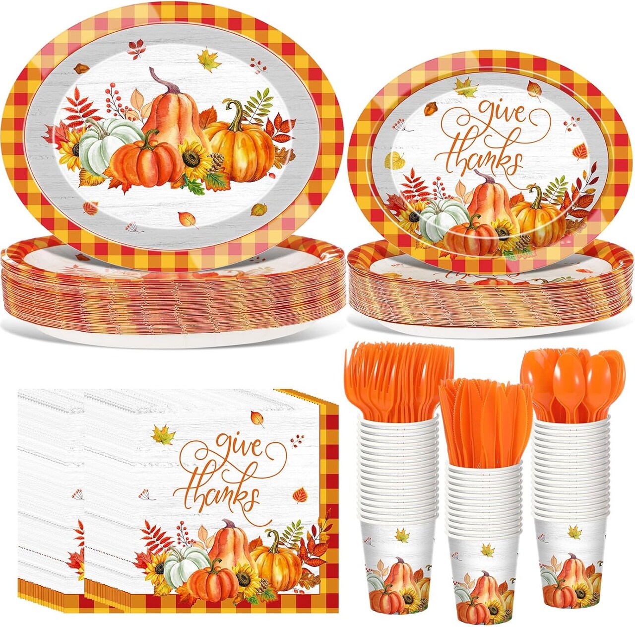 350 Pcs Thanksgiving Party Supplies - Buffalo Plaid Tableware Sets (Red Orange)